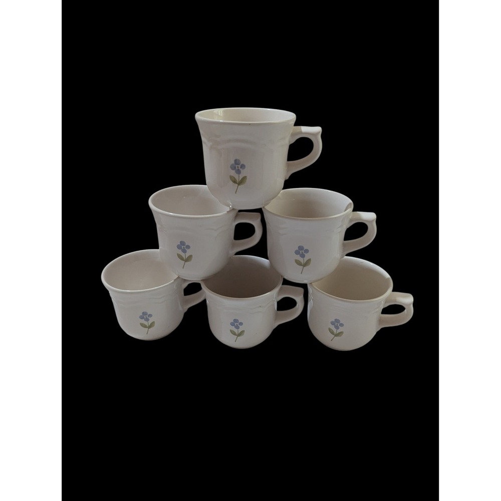 Pfaltzgraff Garland Coffee Mugs Set of 6 Blue Floral Stoneware‎ Cups 3.25 inch
